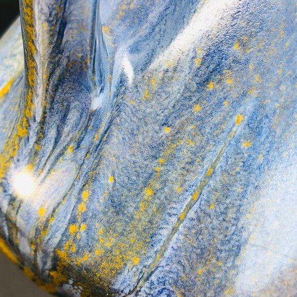 70s Beauce Ceramic Blue Ironstone Coffee Mug Textured Green Yellow Underglaze - Picture 3 of 13